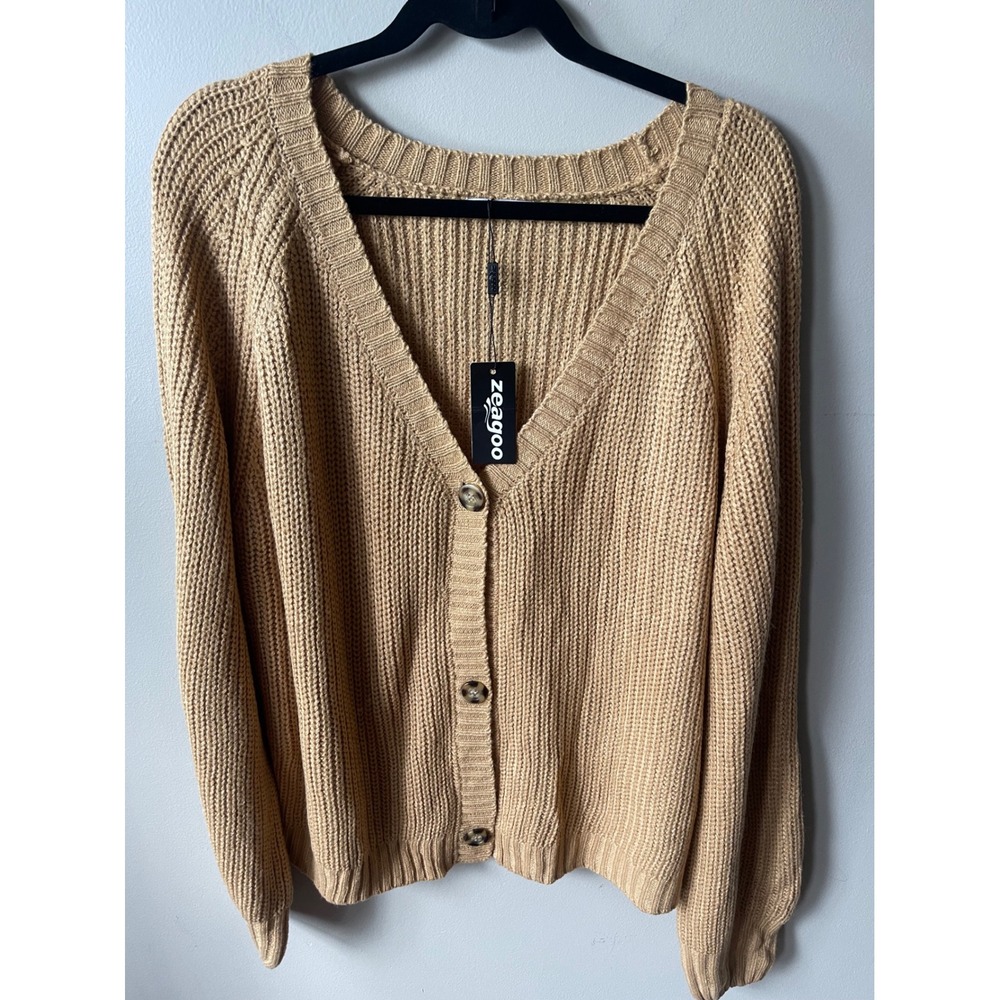 Zeagoo Tan Ribbed V-Neck Button Cardigan Sweater Raglan Sleeve casual career NEW